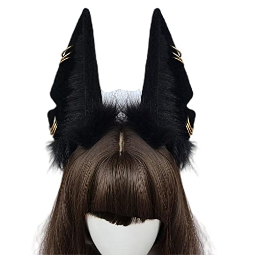 Mxdreoil Anubis Cosplay Jackal Wolf Ears Fox Ears Punk Style Animal Cosplay Ears - Gold Ring Black