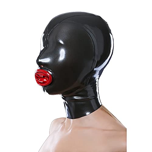 MONNIK Latex Hood Black Unisex Mask with Red Oral Sleeve Rear Zipper Handmade for Fetish Catsuit Cosplay Party Clubwear LZY0113 (XL) - XL