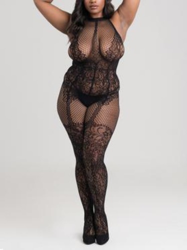 Lovehoney Plus Size Lace and Fishnet Crotchless Basque Bodystocking