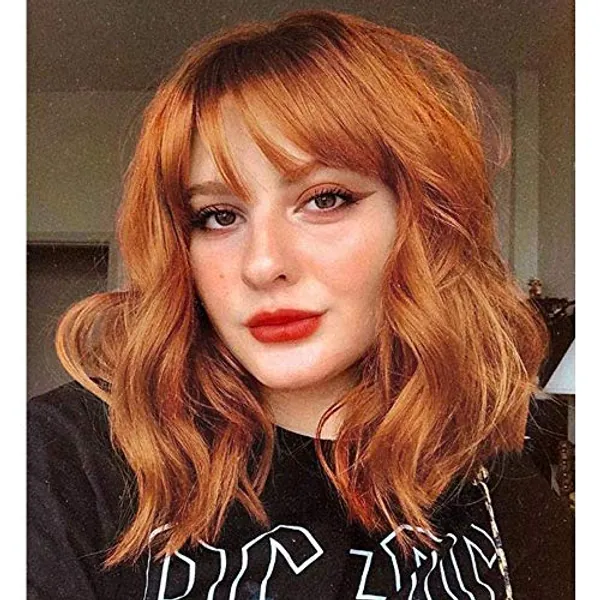 YEESHEDO Short Bob Ginger Wig with Fringe for Women Wavy Curly Shoulder Length Wigs with Bangs Natural Heat Resistant Fiber Hair for Halloween Daily Use 14" (Brown-Orange)