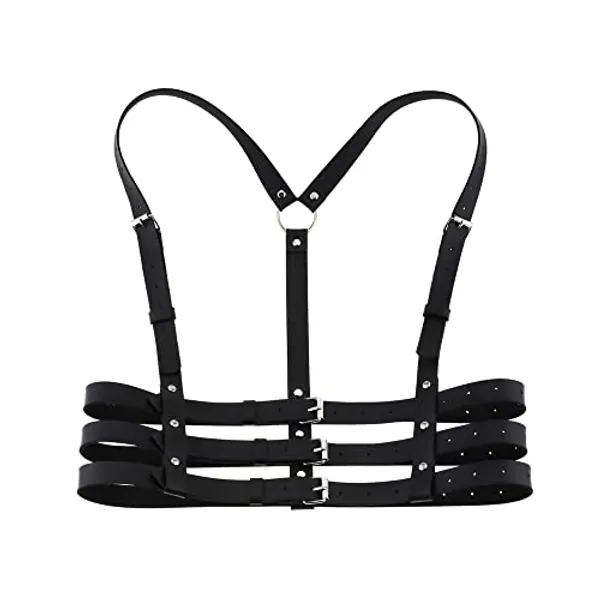 TOFBS Punk Waist Harness Belt Leather Body Chest Chain Black Goth Vest Belt Adjustable Body Jewelry for Women Girls Cosplay Party Rave Halloween Costume