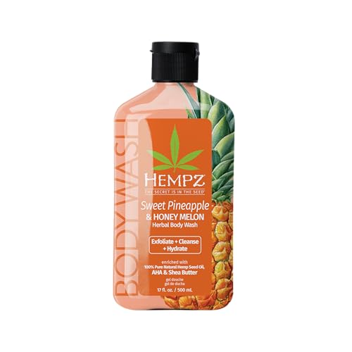 Hempz Body Wash - Sweet Pineapple & Honey Melon - Hydrating for Sensitive Skin, Scented, Exfoliating with Shea Butter, Pure Hemp Seed Oil, and Algae for Sensitive Skin - 17 fl oz - Pineapple - 500 ml (Pack of 1)
