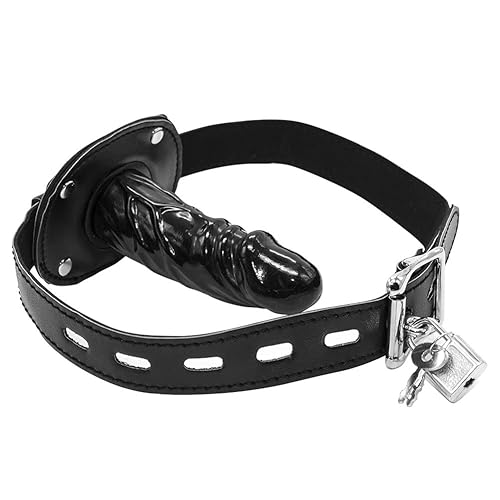 Lockable Dildo Mouth Gag SM Realistic Black Silicon Penis Gag Adjustable Leather Strap On with Lock Fantasy Sex Toys for Couple Romi - Black - Long