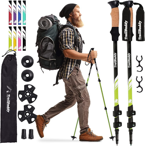TrailBuddy Trekking Poles - Lightweight, Collapsible Hiking Poles for Backpacking Gear - Pair of 2 Walking Sticks for Hiking, 7075 Aluminum with Cork Grip - Spring Green