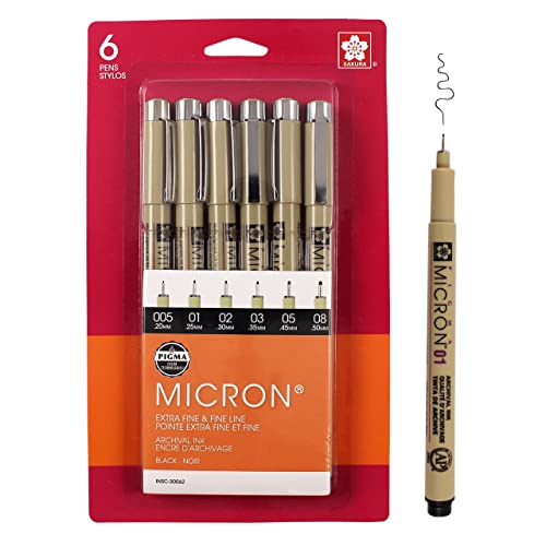 SAKURA Pigma Micron Fineliner Pens - Archival Black Ink Pens - Pens for Writing, Drawing, or Journaling - Assorted Point Sizes - 6 Pack - Black - 6 Count (Pack of 1) - Ink Pen Set