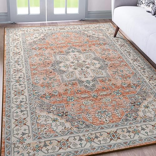 FlyDOIT Vintage Washable Area Rug, 4x6 Orange Floral Medallion Rugs for Living Room, Ultra Soft Accent Bedroom Rug, Indoor Non-Slip Low-Pile Throw Carpet for Entryway Dorm Kitchen Dining Room Decor - 4x6 Feet - Orange