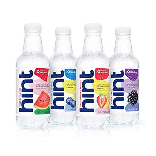Hint Water White Variety Pack (Pack of 12), 3 Bottles Each of: Watermelon, Blackberry, Blueberry Lemon, and Strawberry Lemon. Flavored Water With Zero Calories, Zero Sugar, and Zero Sweeteners - 4-Flavor White Variety Pack