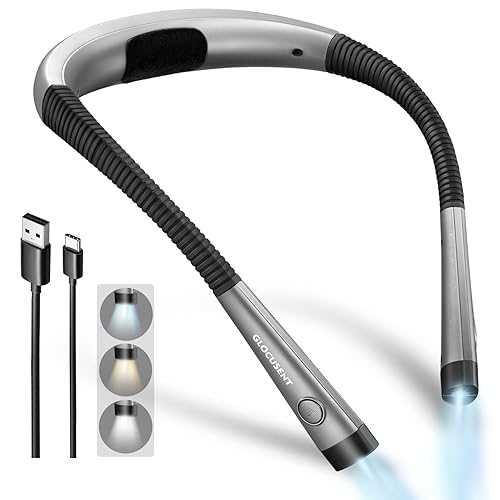 Glocusent Book Light, 3-Color & 6-Brightness Reading Light, Bendable Neck Light, 80-hr Lasting Rechargeable Lamp, Perfect Book Light for Reading in Bed, Knitting, Camping, Repairing, Book Lovers Gifts - Medium - Gray