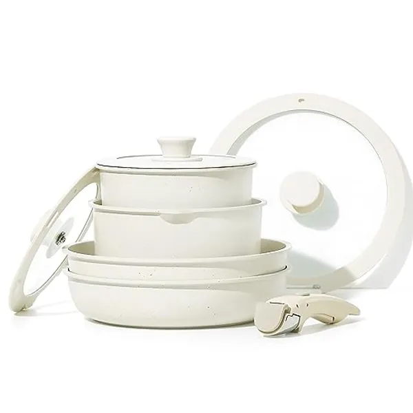 CAROTE - Batería de cocina para inducción de 8 piezas, revestimiento antiadherente, Poele inducción, 20 cm, cacerola 18 cm, sartén 26 cm, asa extraíble, tapa, apta para horno