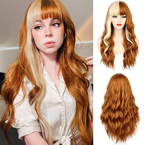 ENTRANCED STYLES Orange Wig with Bangs Long Orange Wavy Wigs for Women Orange and Blonde Wig Synthetic Heat Resistant Wave Wig for Daily Party Cosplay Use (26 inch) (orange-2) - 26 Inch - Orange and Blonde