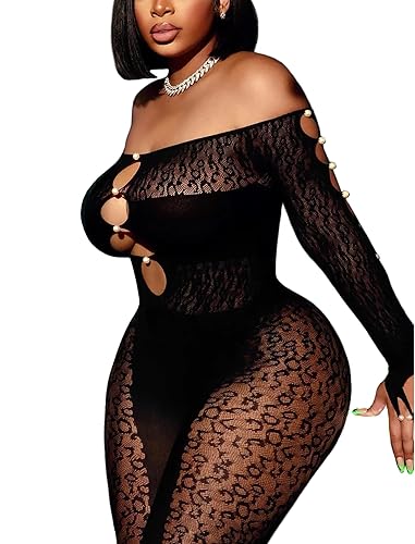 Avidlove Women Lingeries Long Sleeve Fishnet Body Stocking Leopard Sexy Outfit Rhinestone Body Suits Cut Out Jumpsuit - Black - One Size