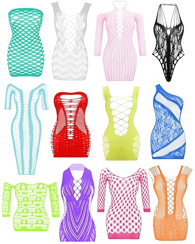 JDiction Women’s Lingerie BabyDoll Fishnet Bodysuit Sexy Nightwear(12 Pack) - 12 Pcs: Bright