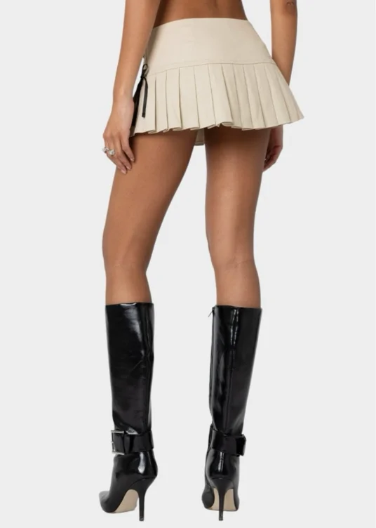 EDIKTED Margaret Pleated Ribbon Mini Skort - BEIGE - XS