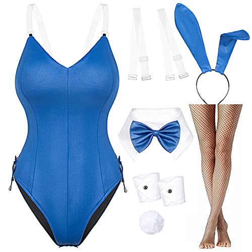 Womens Bunny Costume Girl Bodysuit Anime Role Costume Senpai Cosplay Bodysuit One Piece Stockings Set（Blue Plus Size 5XL - 5X-Large - Blue