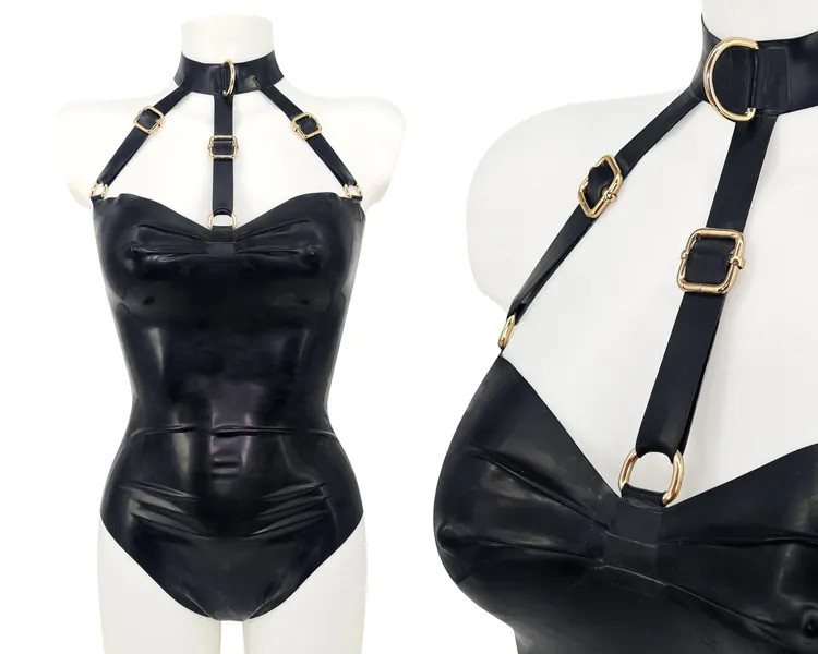 Black Latex Bodysuit with Harness