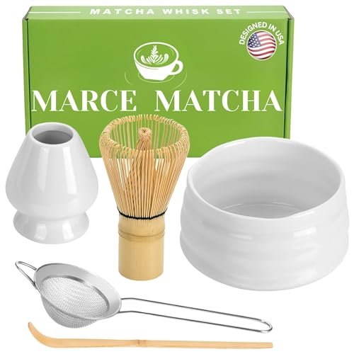 Marce Matcha Whisk Set- Matcha Whisk and Bowl, Matcha Sifter, Matcha Whisk Holder and Matcha Spoon- The Perfect Matcha Kit for Matcha Tea (White) - White