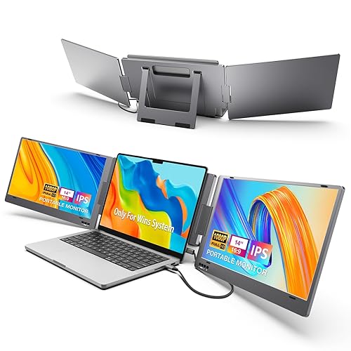 KYY Triple Laptop Screen Extender, 14" 1080P FHD IPS Dual Portable Extended Monitor, USB C Travel for 12-16'' Laptop, 210°Rotation & Kickstand, Plug and Play, X90 (Windows Only) - X90