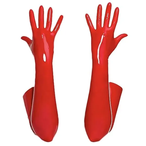IDOPIP Women Shiny Metallic Long Gloves and PVC Wet Look Thigh High Stockings for Night Club Dance Dress up Halloween Costume - 3X-Large - Red Gloves