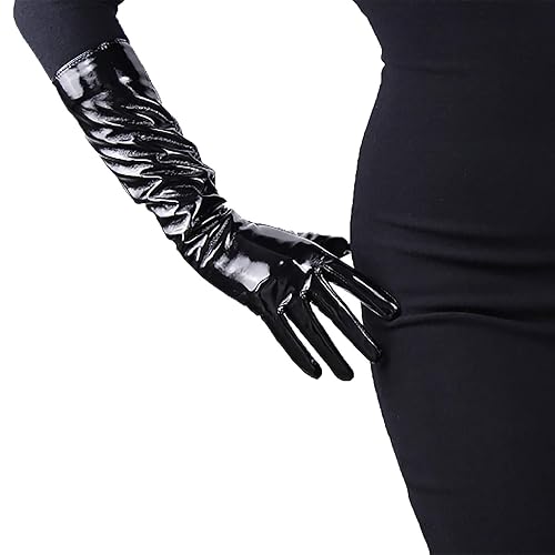 DooWay Fashion Long Leather Gloves 16" Women Shiny Patent PU Elbow Length Costume Gloves - Black