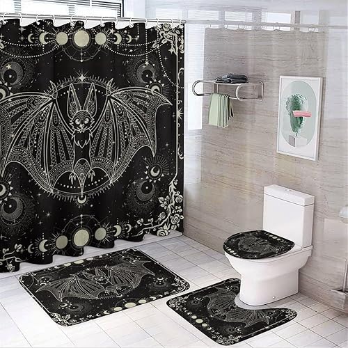 Brebasf Abstract Modern Art Bat 4 Pieces Shower Curtain Set, Vintage Gothic Galactic Universe Floral Rose Full Moon Non-Slip Rugs Toilet Lid Cover Bath Mat and Bathroom Curtain - Abstract Modern Art Bat