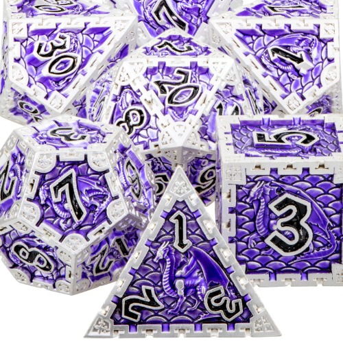 ARUOHHA DND Metal Dice Set Dungeons and Dragons Dice with Gift Box, D&D Dice 6 Sided Role Playing Dice Large Polyhedral Dice for Warhammer RPG Sharp Edge Dice Set D and D D20 D12 D10 D8 D6 D4 - Silver Purple