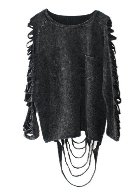 Goth 'Black Heart' Ripped Black Alternative Oversized Top - Black / L