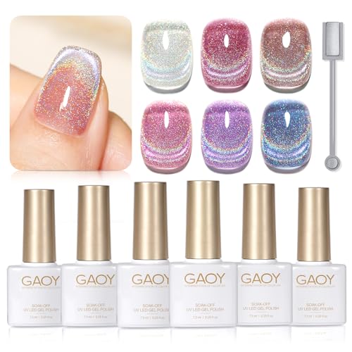 GAOY Rainbow Glitter Cat Eye Gel Nail Polish Set, 6 Holographic Sparkle Colors Gel Nail Kit for Nail Art DIY Manicure and Pedicure at Home - Rainbow Cat Eye