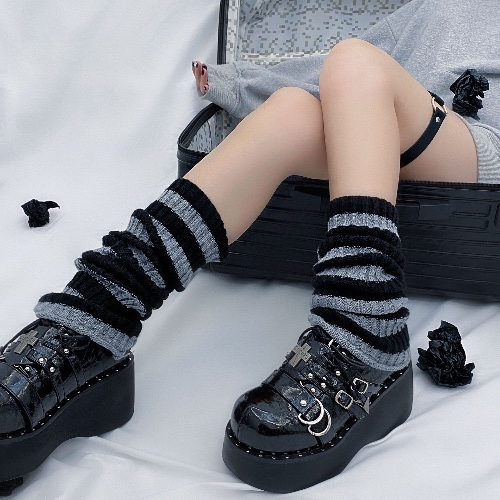 Grey and Black Lolita Striped Leg Warmers