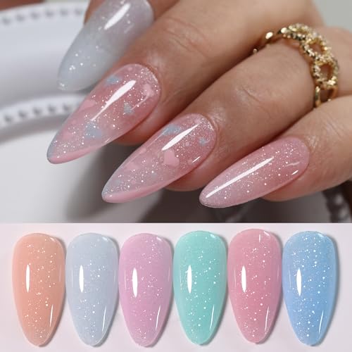 Double Rhythm Jelly Cat Eye Gel Nail Polish Set of 6 Colors Shimmer Glitter Gel Polish Kit with Magnet Holographic Reflective 9D Pink Nude White Salon DIY at Home (6 kit-14) - 6-kit2,Fairy