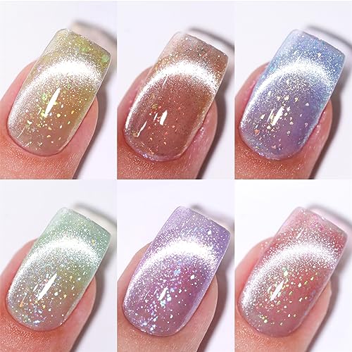 Double Rhythm Ice Powder Cat Eye Gel Nail Polish Set of 6 Colors Rainbow Mooncat Jelly Glitter Gel Polish Kit with Magnet Iridescent Shimmer Blue Purple Green Salon DIY at Home (6 kit-12) - 6 kit-12
