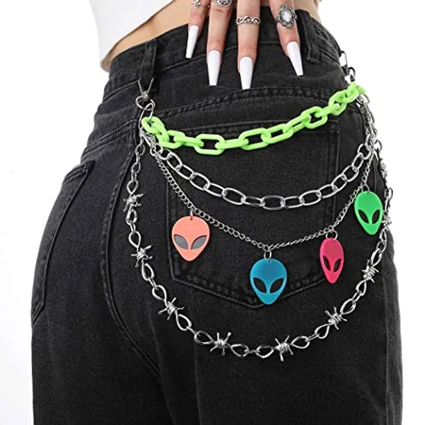 Tgirls Hip Hop Pants Chain Goth Jean Chains Star Punk Pocket Chain for Women Layered Acrylic Keychains Cute Trouser Chain Rock Wallet Chain for Men Waist Body Accessories for Girls - 3 Green