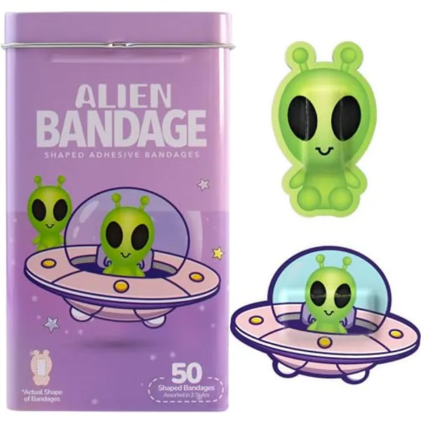 BioSwiss Bandages, Halloween Alien Shaped Self Adhesive Bandage, Latex Free Sterile Wound Care, Fun First Aid Kit Supplies for Kids, 50 Count - Alien - 50-Count Tin