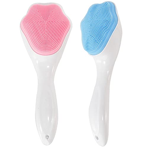 Silicone Face Scrubber Exfoliating Brush, Beomeen 2 Pack Manual Handheld Facial Cleansing Brush Blackhead Scrubber, Soft Bristles Waterproof for Face Skincare (Blue, Pink) - Blue,pink
