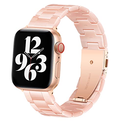 BESTIG Compatible with Resin Apple Watch Band 49mm/45mm/44mm/42mm/41mm/40mm/38mm Stainless Steel Buckle Waterproof for iWatch Series 6/5/4/3/2/1/SE/7/8 Replacement Strap for Men Women - Pink - 42mm 44mm 45mm 49mm