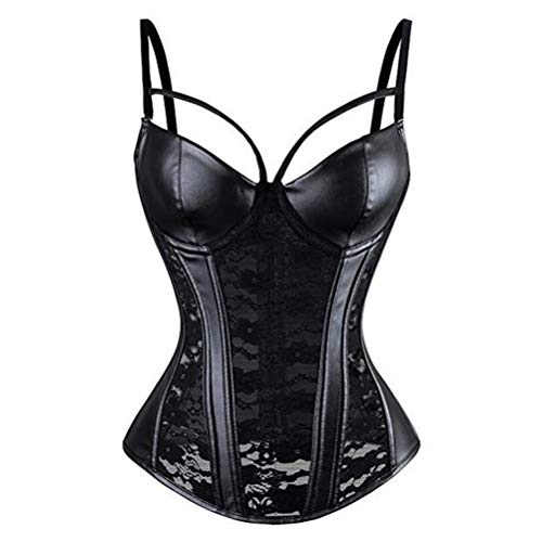 Chenyi Women's Steampunk Gothic Lace Corset Bustier Faux Leather Bra Lingerie Plus Size S-6XL - X-Large - Black