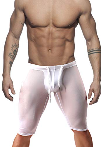 MIZOK Men's Fitness Mesh Shorts Yoga Capris See Through Jammer Swimsuit Beachwear - Medium - White