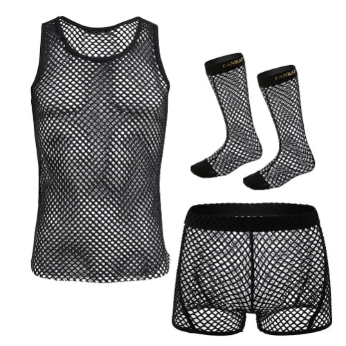 ABAFIP Men 3PCs Fishnet Shirt Tank Top See Thru Muscle Tanks Undershirt Sheer Boxer Shorts Socks Activewear Costume - X-Large - Black - Sleeveless