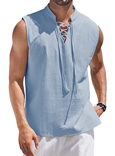 COOFANDY Mens Cotton Linen Tank Tops Beach Casual Sleeveless Henley Tank Shirts Black - XX-Large - Sky Blue
