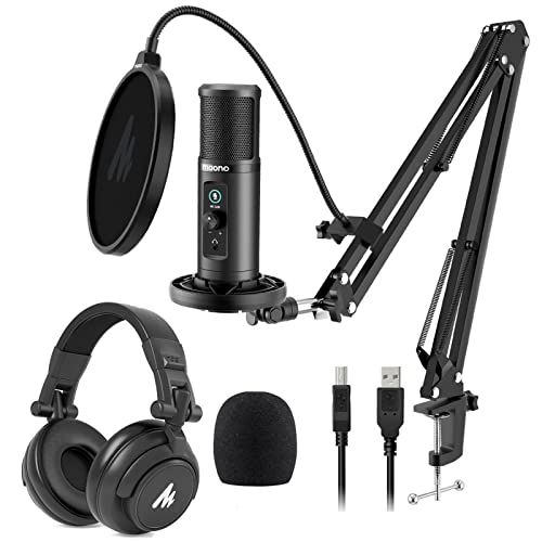 MAONO USB Microphone with Studio Monitor Headphones Bundle Plug and Play for Podcast, YouTube, Music, PM422, MH601