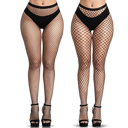 YOGINGO Black Fishnet Tights for Women, Women's Tights Fishnet Stockings, Fishnet Tights Womens Thigh Hight Stockings, Black Tihgts Women, Ladies Fish Net Tights Plus Size One Size Fit All - Black