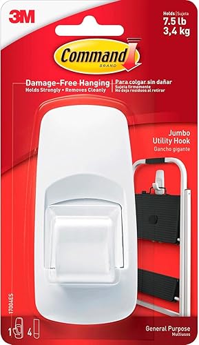 Command Jumbo Utility Hook, Pack of 1 Hook and 4 Adhesive Strips, White - Damage Free Hanging - Holds up to 3.4kg - Jumbo Hook
