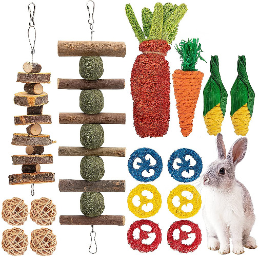 16 PCS Rabbit Toys Bunny Chew Toys for Teeth, Rabbit Hamster Chew Toys for Dental Health 100% Natural Apple Wood Grass Ball String Loofah Carrot Toys for Chinchillas, Guinea Pigs, Hamsters