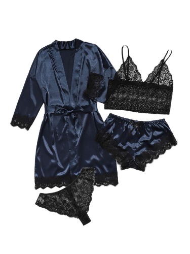 WDIRARA Women' Silk Satin Pajamas Set 4pcs Lingerie Floral Lace Cami Sleepwear with Robe