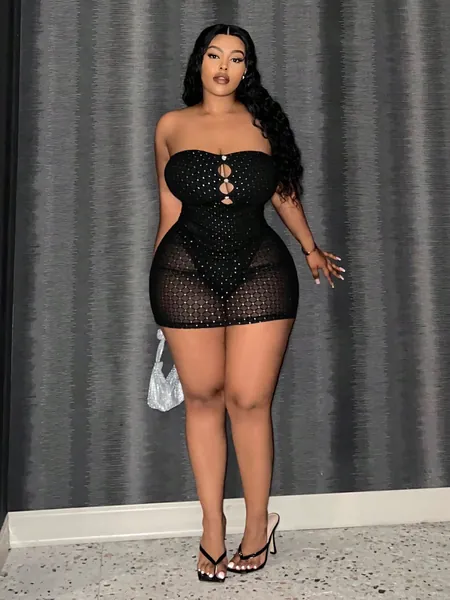 SHEIN Slayr Elegant And Sexy Perspective Hollow Out Strapless Plus Size Bodycon Mini Dress For Club, Coquette, Date Night Outfit, Sexy Dress, Black Skirt Or Concert