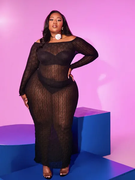 SHEIN X Christiana SHEIN Slayr Plus Size Women'S Off-Shoulder See-Through Texture Bodycon Dress