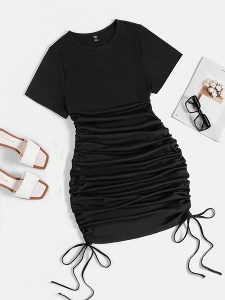 SHEIN EZwear Plus Size Solid Color Dress With Bust Shirring And Hip Hugging Design