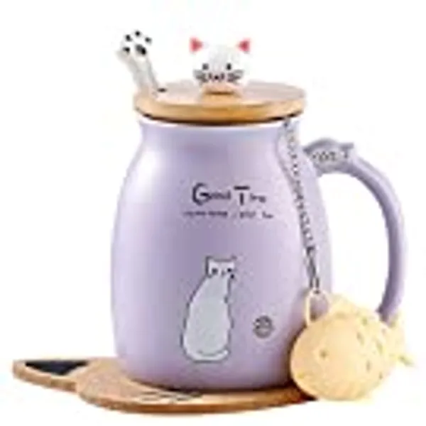 BigNoseDeer Cat Mug Cute Ceramic Coffee Cup with Lovely Kitty Lid, Cat Paw Spoon,kawaii coaster,Novelty Morning Cup Tea Milk Christmas Mug 380ML