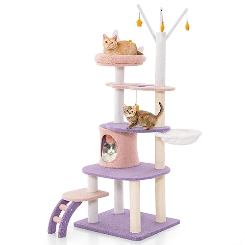COSTWAY Kratzbaum, Katzenbaum mit Katzenhöhle & Leiter & Hängematte & Spielzeug, niedlicher Katzenkratzbaum, Katzen Katzenmöbel, Kletterbaum Aktivitätsbaum Spielbaum, Lila+Pink (59x49x158cm) - 59x49x158cm