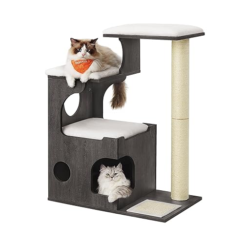 Feandrea Kratzbaum, 86 cm hoher Katzenbaum, Spanplatten-Katzenkratzbaum, mit Höhle, Liegeflächen, Säule und Sisal-Kratzmatte, waschbare Plüschkissen, nebelgrau PCT070G02 - nebelgrau