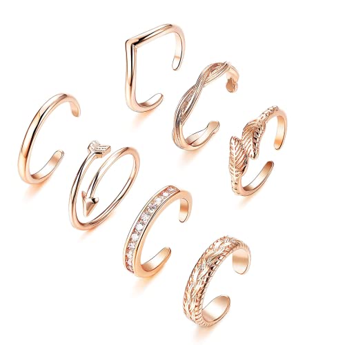 FINREZIO 7PCS Adjustable Toe Ring for Women Girls Open Tail Ring Flower Knot Simple Toe Ring Gold Foot Rings Gifts Jewelry Set - Rose gold tone